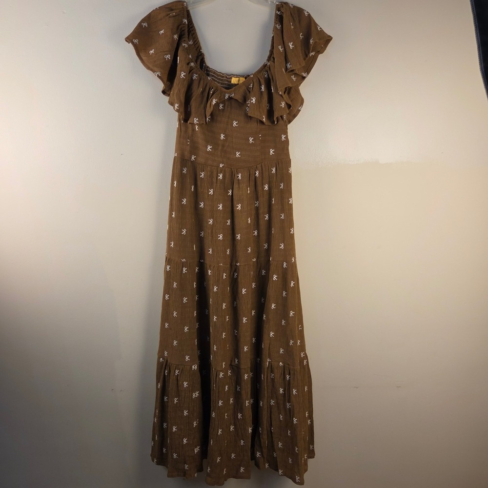 Flying Tomato Brown Bow Embroidered Tiered Maxi Dress Boho Cottagecore Medium